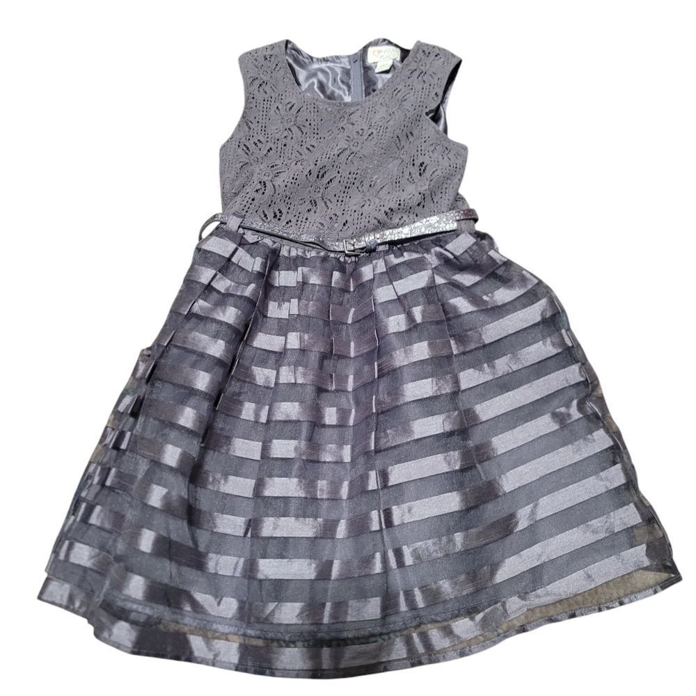 Elegant Gray Lace and Striped Dress